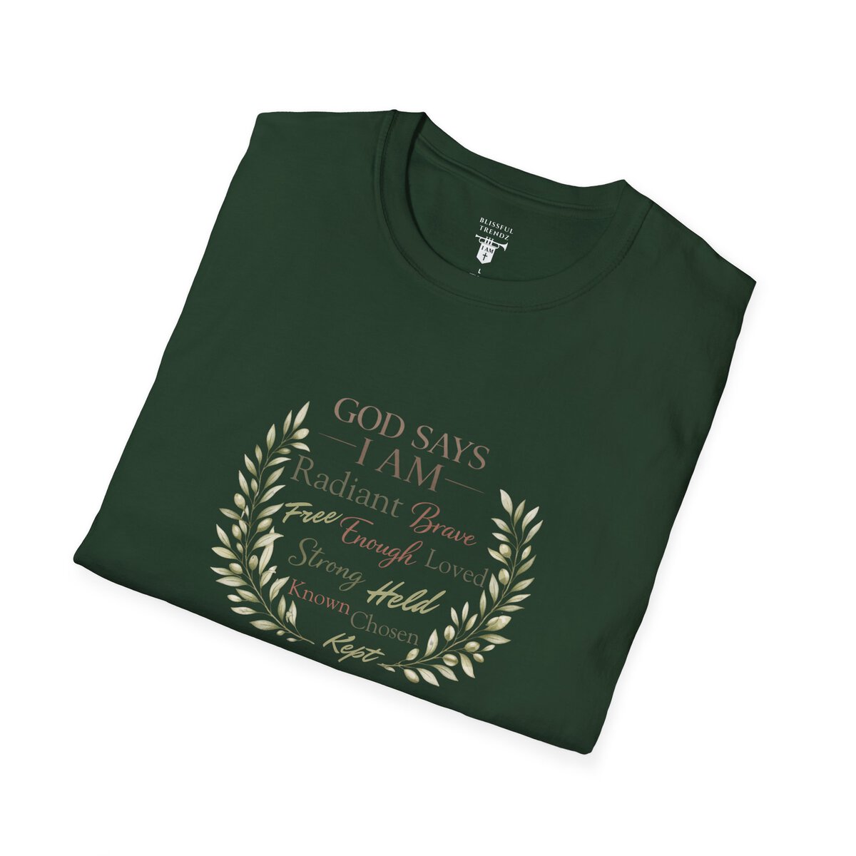 God Says I AM Word Cloud - Olive Branch Motif - Unisex Softstyle T-Shirt - Image 15