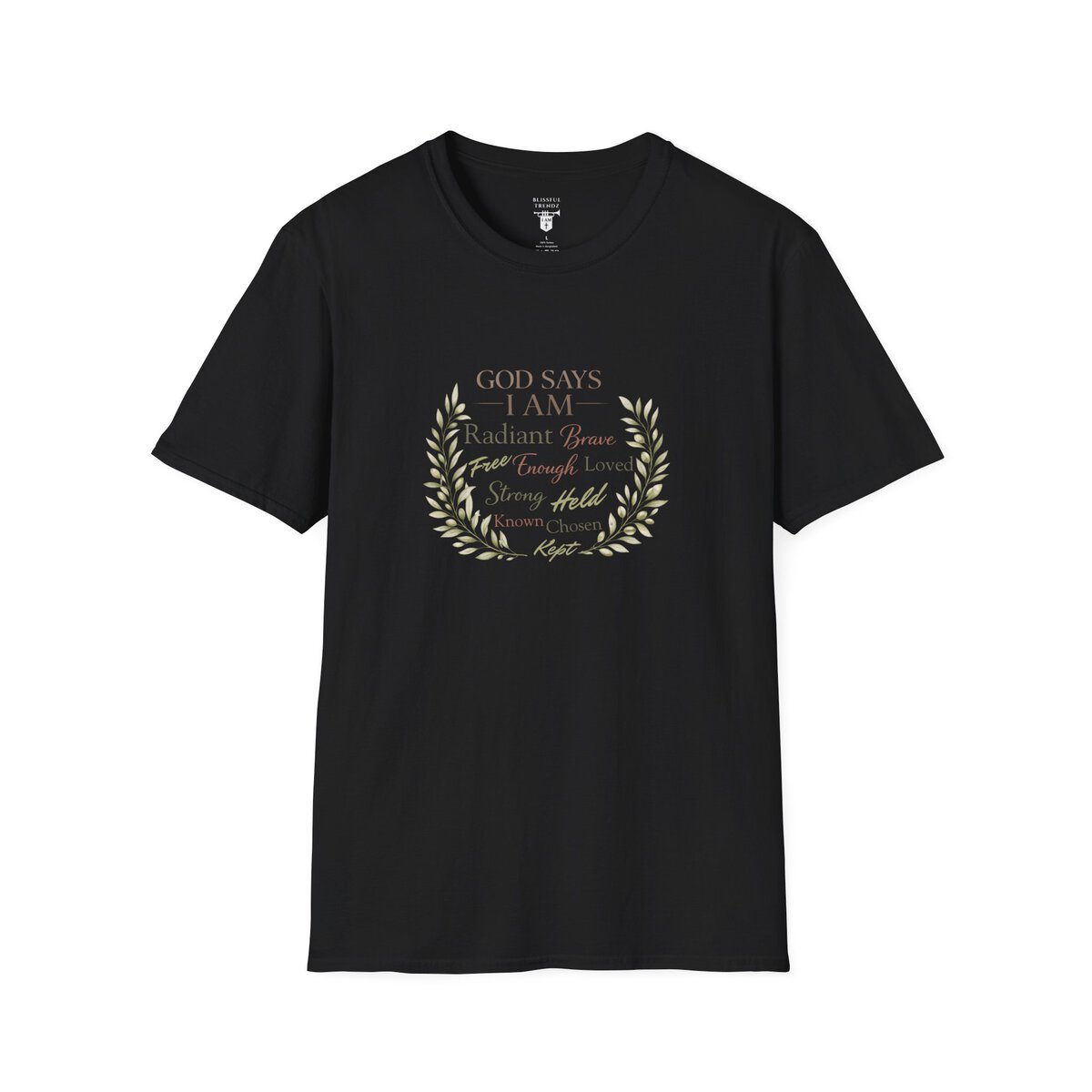 God Says I AM Word Cloud - Olive Branch Motif - Unisex Softstyle T-Shirt - Image 7