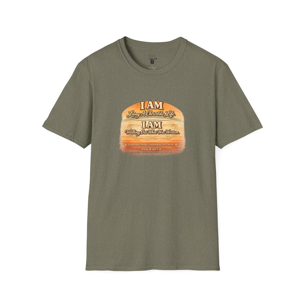 I AM Living A Christlike Life. I AM Walking Out What Was Written. A Journey From Conformity to Christ. - PSALM 40:7-8 - Scroll - Retro Sunset Grad - Unisex Softstyle T-Shirt - Image 28