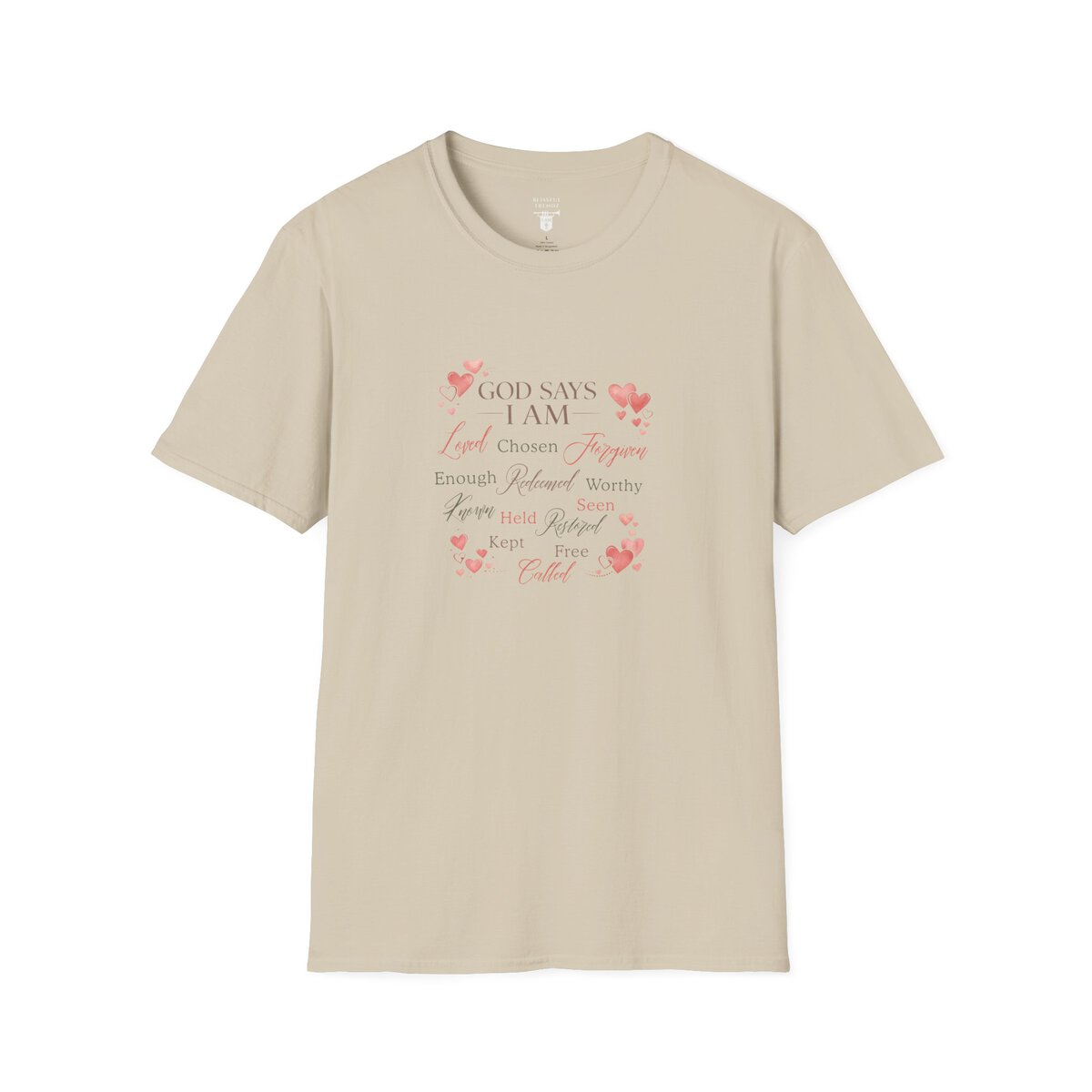 God Says I AM Word Cloud - Heart Motif - Unisex Softstyle T-Shirt - Image 13