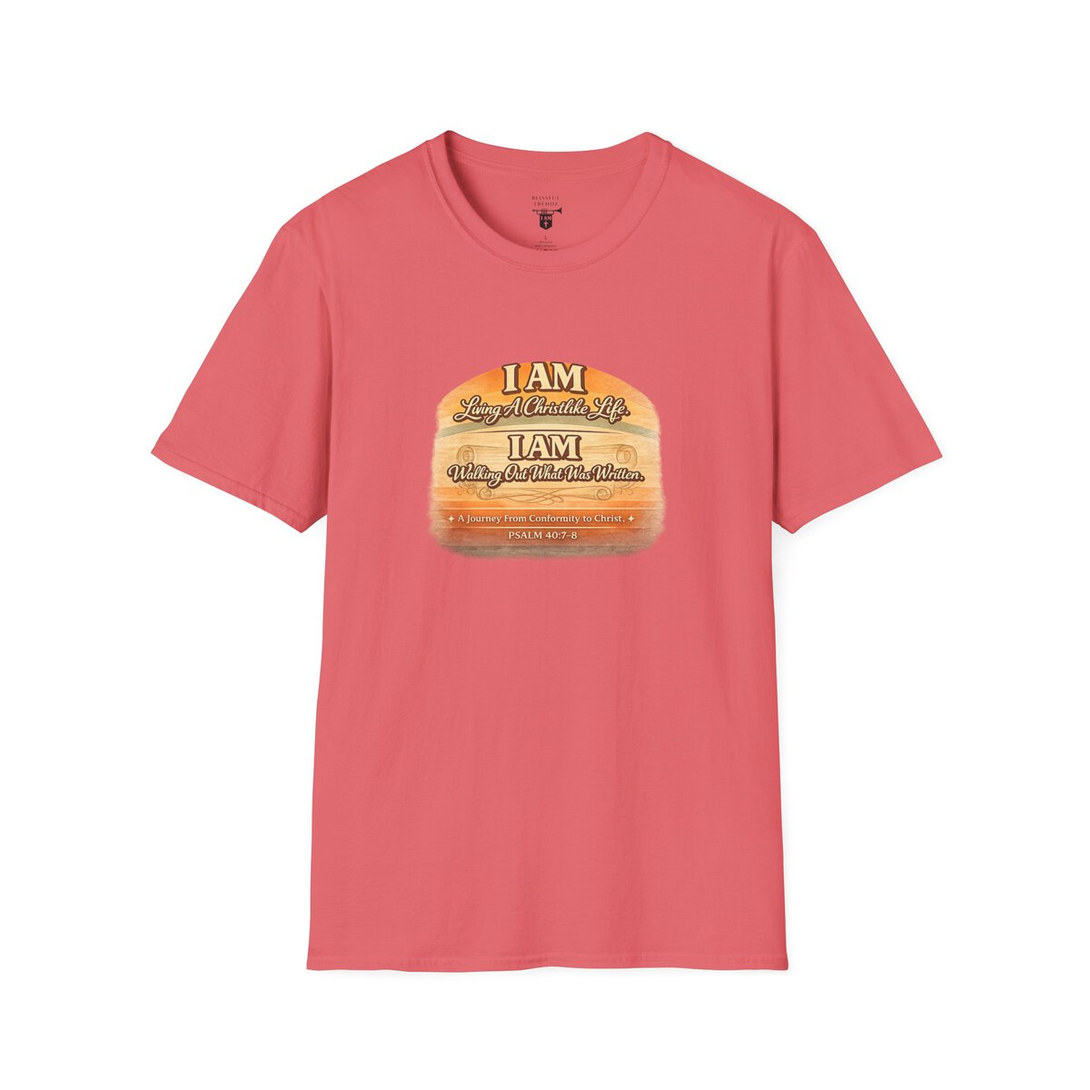 I AM Living A Christlike Life. I AM Walking Out What Was Written. A Journey From Conformity to Christ. - PSALM 40:7-8 - Scroll - Retro Sunset Grad - Unisex Softstyle T-Shirt - Image 7