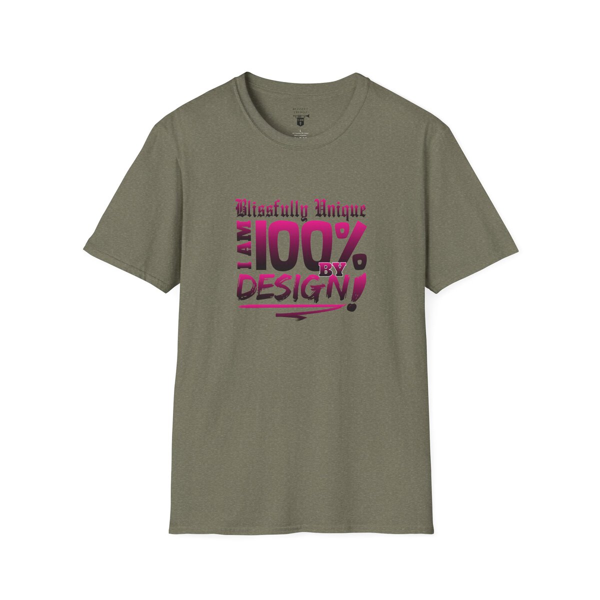 Blissfully Unique - I AM 100% by Design - Typography - DRK PNK - Unisex Softstyle T-Shirt - Image 16