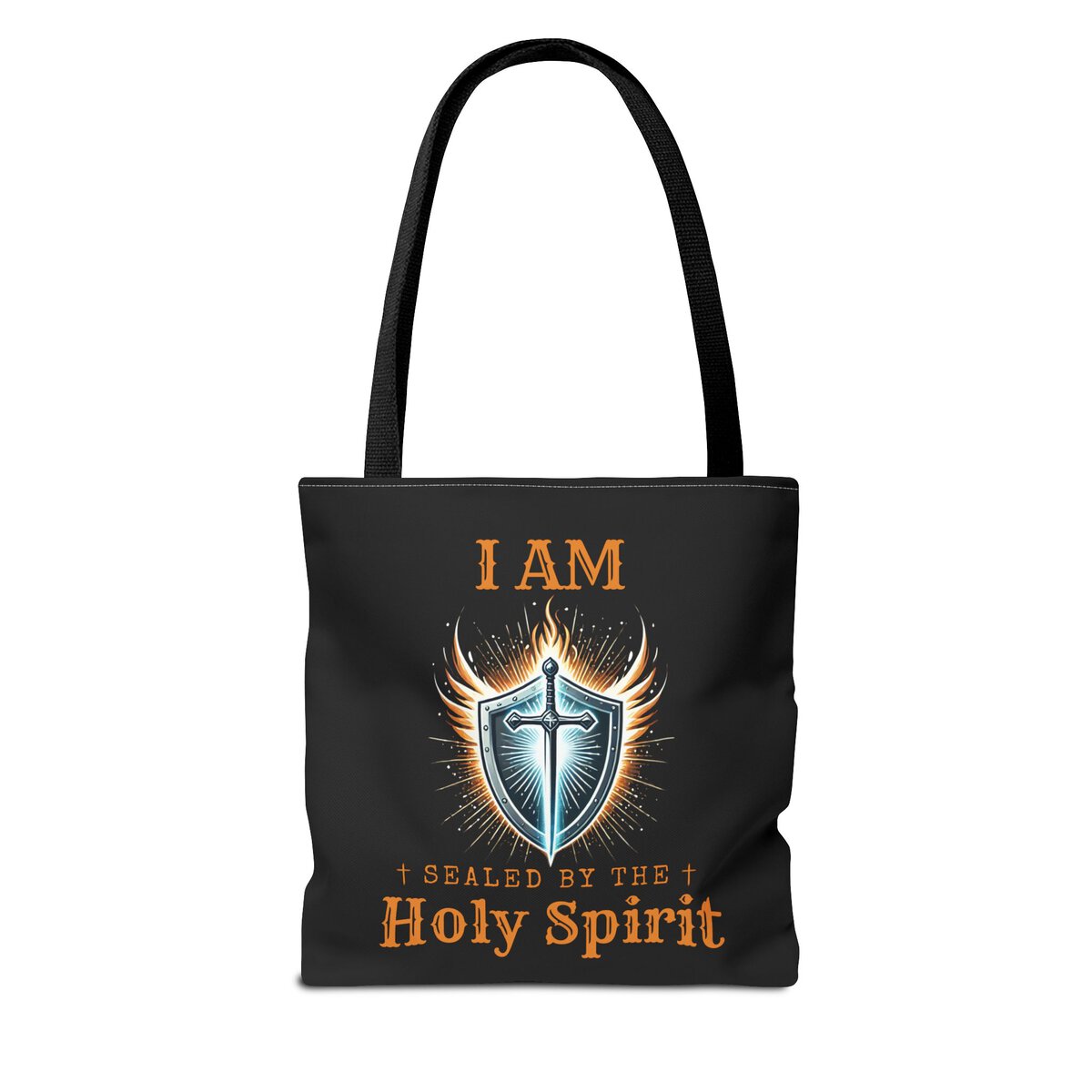 I AM Sealed By The Holy Spirit - Shield W/CROSS - BLK - Tote Bag (AOP) - Image 2