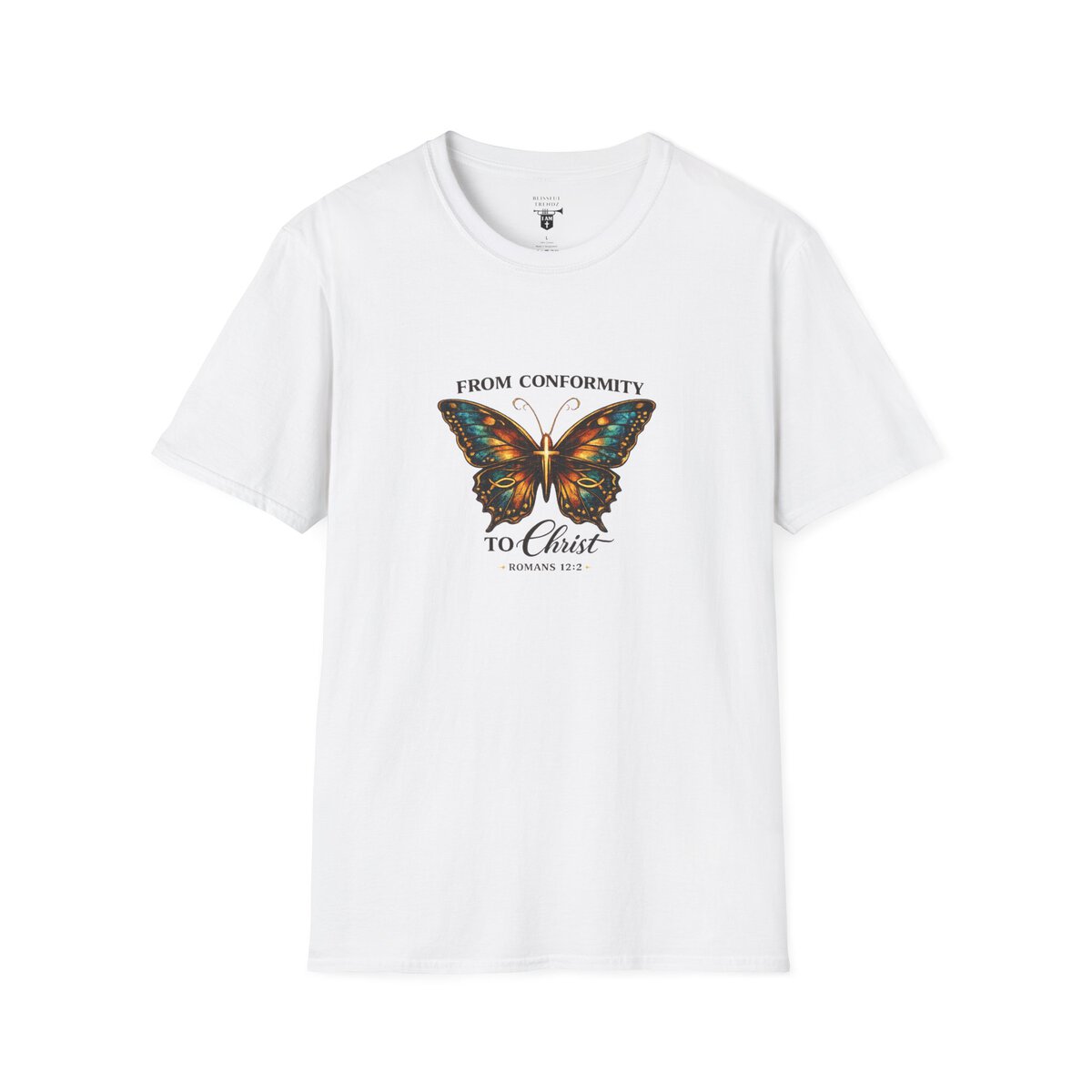 FROM CONFORMITY TO CHRIST - ROMANS 12:2 - BUTTERFLY - Unisex Softstyle T-Shirt - Image 4