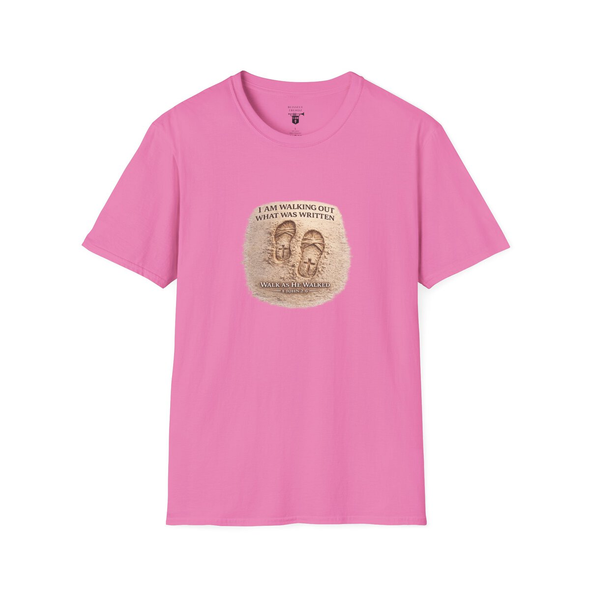 I AM WALKING OUT WHAT WAS WRITTEN - WALK AS HE WALKED - 1 JOHN 2:6 - IMPRINT OF SANDALS W/CROSS - MNCHRM - Unisex Softstyle T-Shirt - Image 46