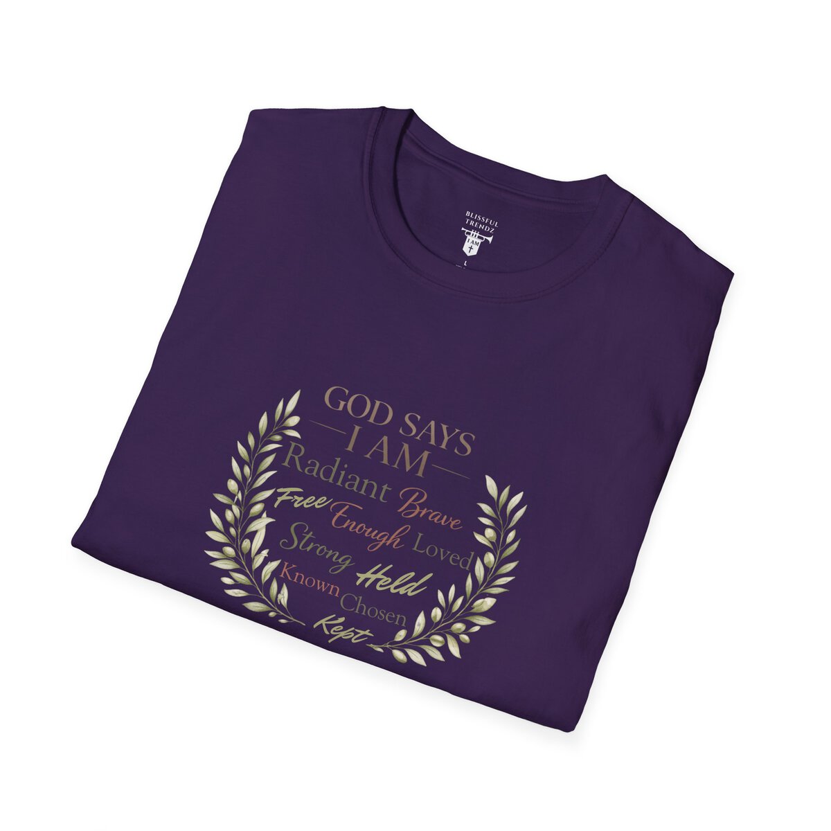 God Says I AM Word Cloud - Olive Branch Motif - Unisex Softstyle T-Shirt - Image 21