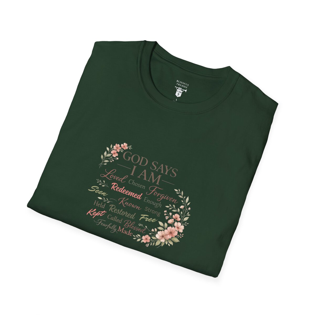 God Says I AM Word Cloud - Floral Motif - Unisex Softstyle T-Shirt - Image 15
