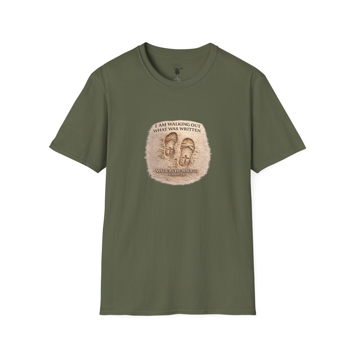 I AM WALKING OUT WHAT WAS WRITTEN - WALK AS HE WALKED - 1 JOHN 2:6 - IMPRINT OF SANDALS W/CROSS - MNCHRM - Unisex Softstyle T-Shirt - Image 16