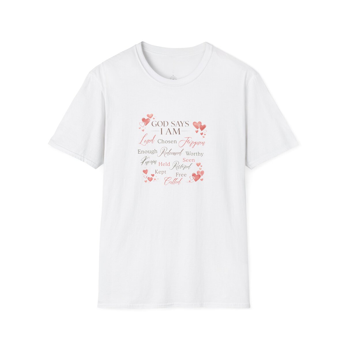 God Says I AM Word Cloud - Heart Motif - Unisex Softstyle T-Shirt - Image 7