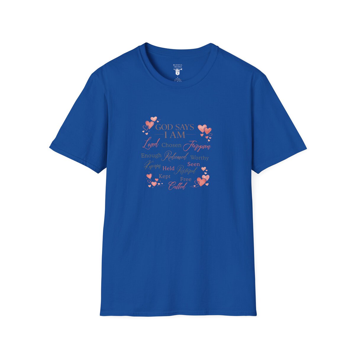God Says I AM Word Cloud - Heart Motif - Unisex Softstyle T-Shirt - Image 31