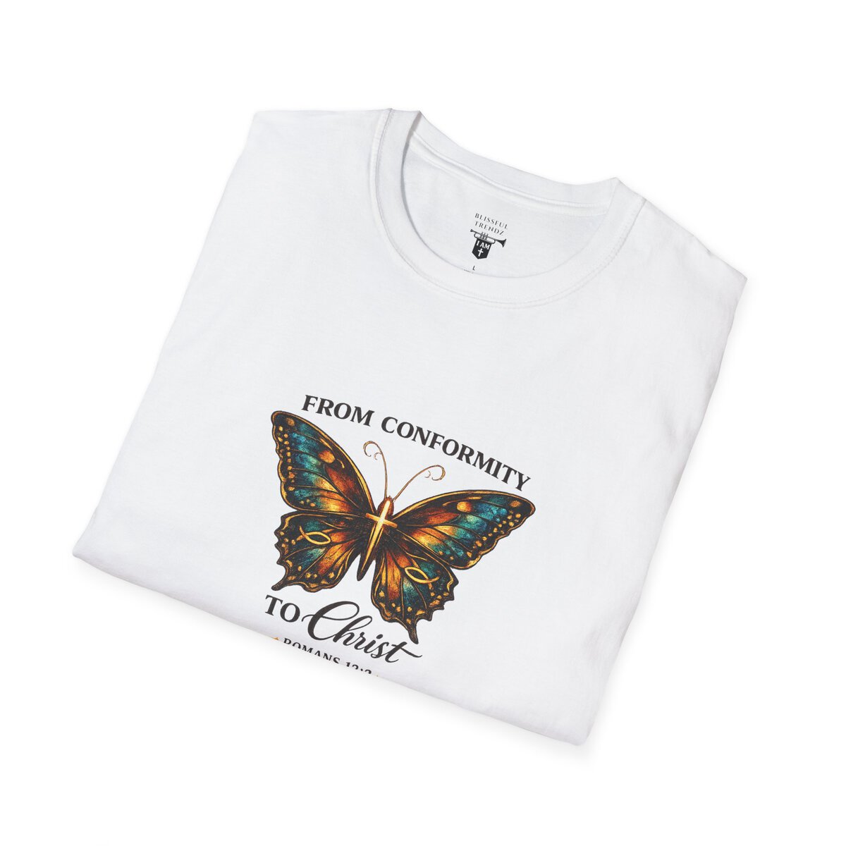 FROM CONFORMITY TO CHRIST - ROMANS 12:2 - BUTTERFLY - Unisex Softstyle T-Shirt - Image 6