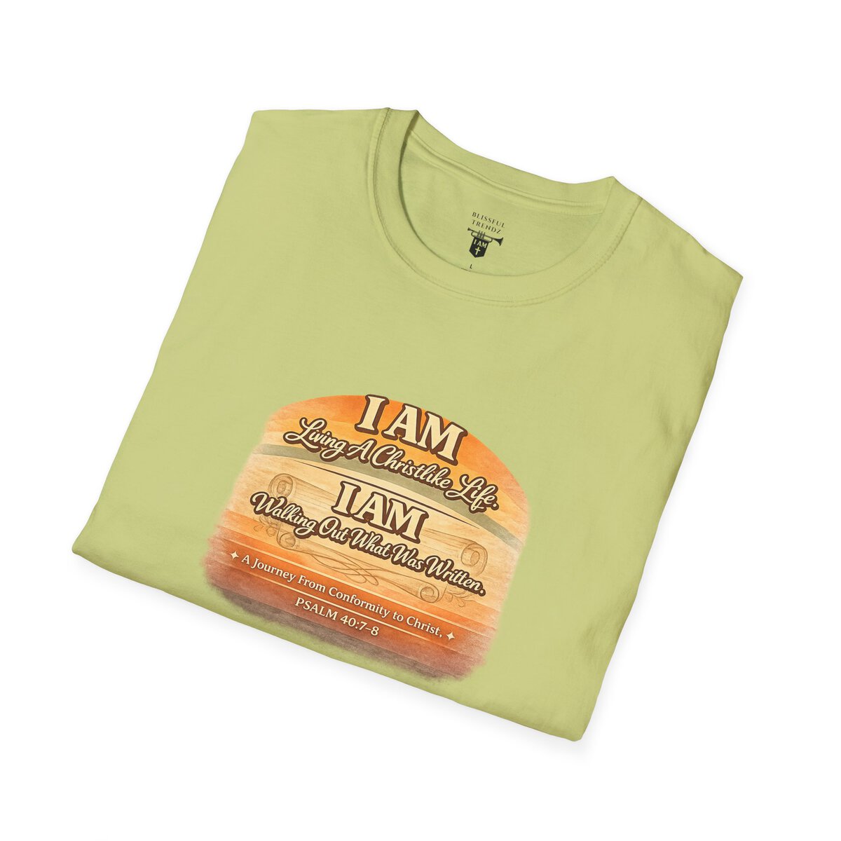 I AM Living A Christlike Life. I AM Walking Out What Was Written. A Journey From Conformity to Christ. - PSALM 40:7-8 - Scroll - Retro Sunset Grad - Unisex Softstyle T-Shirt - Image 24