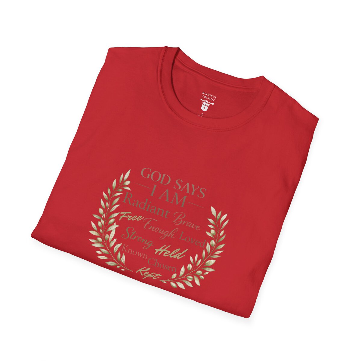 God Says I AM Word Cloud - Olive Branch Motif - Unisex Softstyle T-Shirt - Image 30
