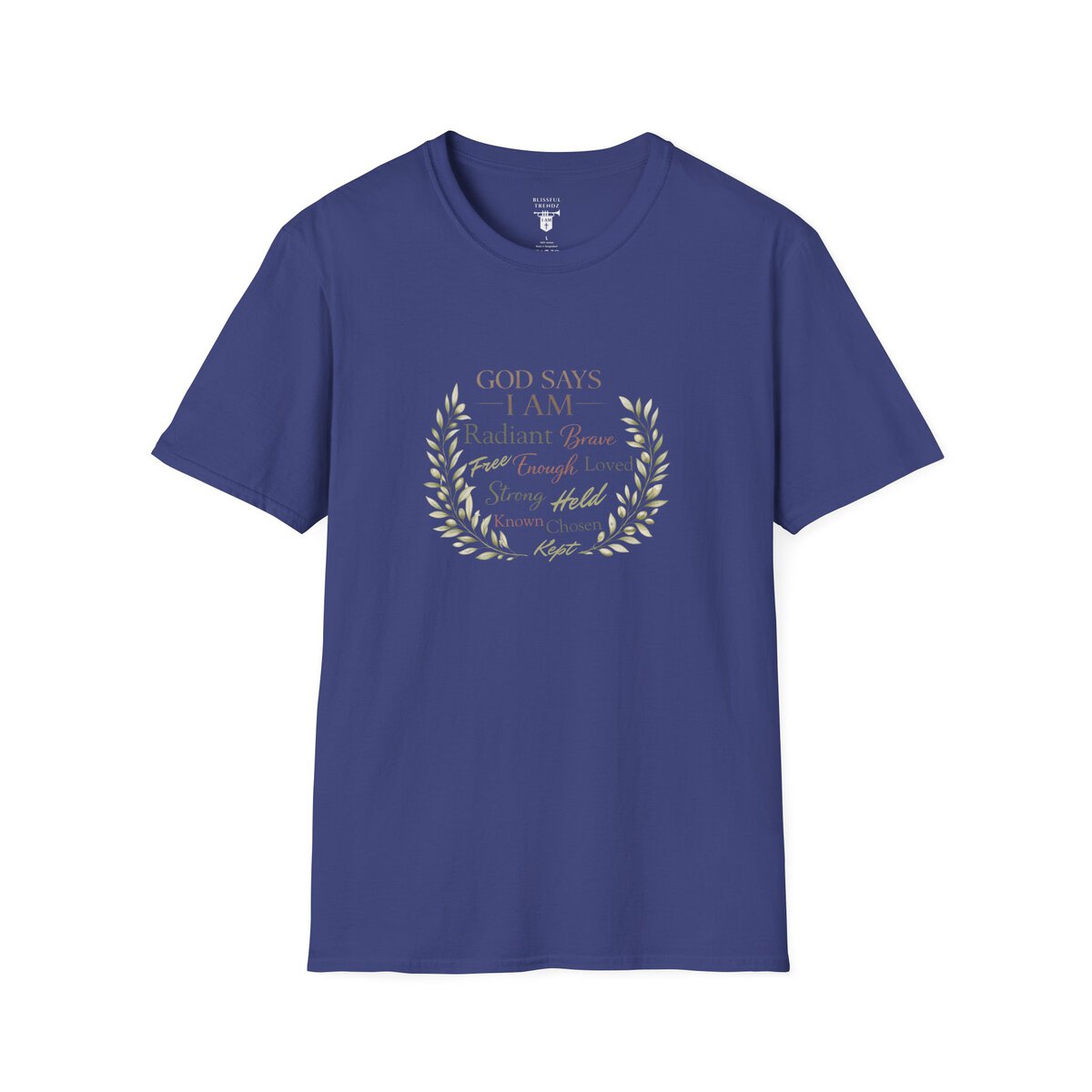 God Says I AM Word Cloud - Olive Branch Motif - Unisex Softstyle T-Shirt - Image 25