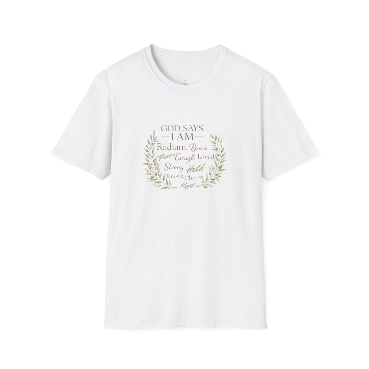 God Says I AM Word Cloud - Olive Branch Motif - Unisex Softstyle T-Shirt - Image 4
