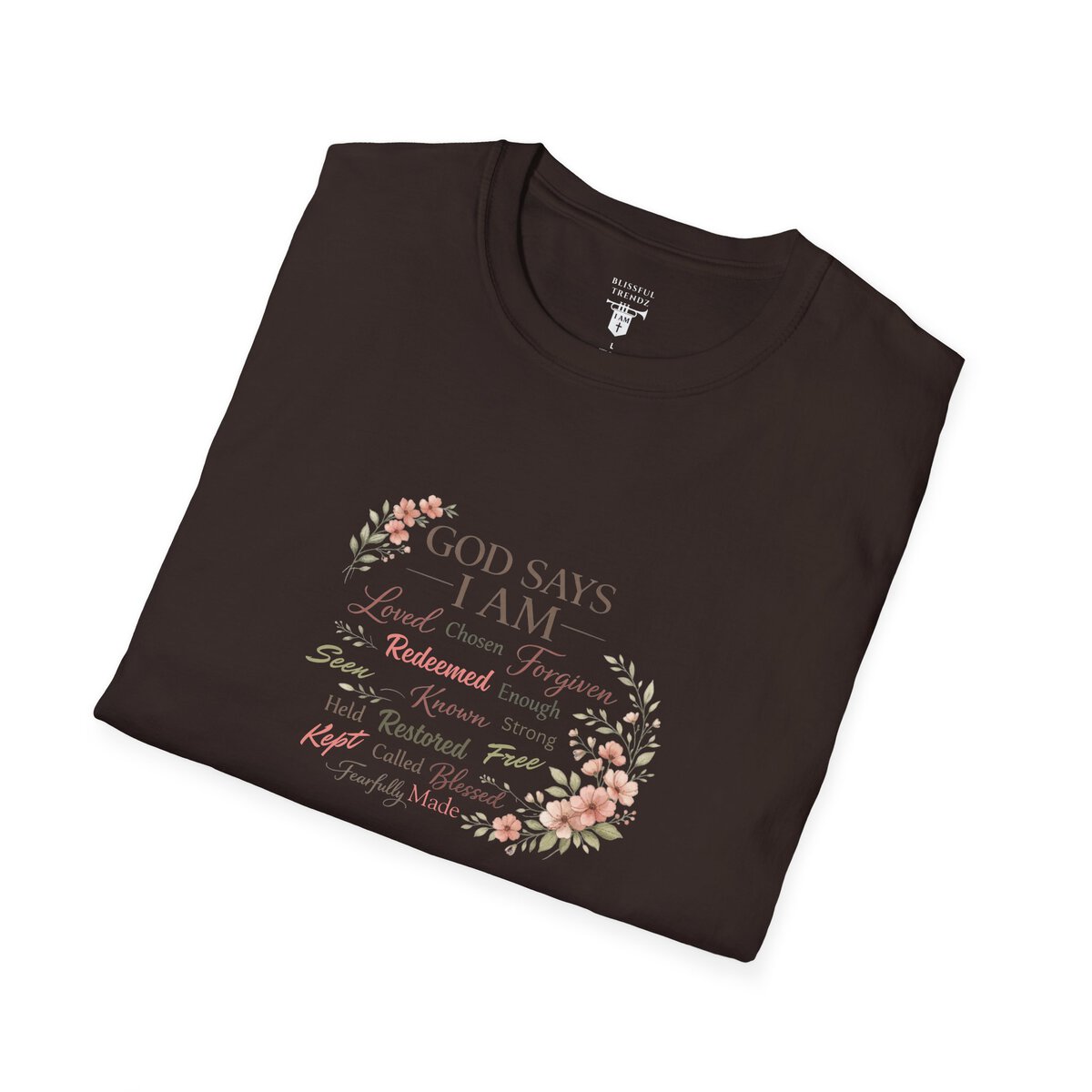 God Says I AM Word Cloud - Floral Motif - Unisex Softstyle T-Shirt - Image 12